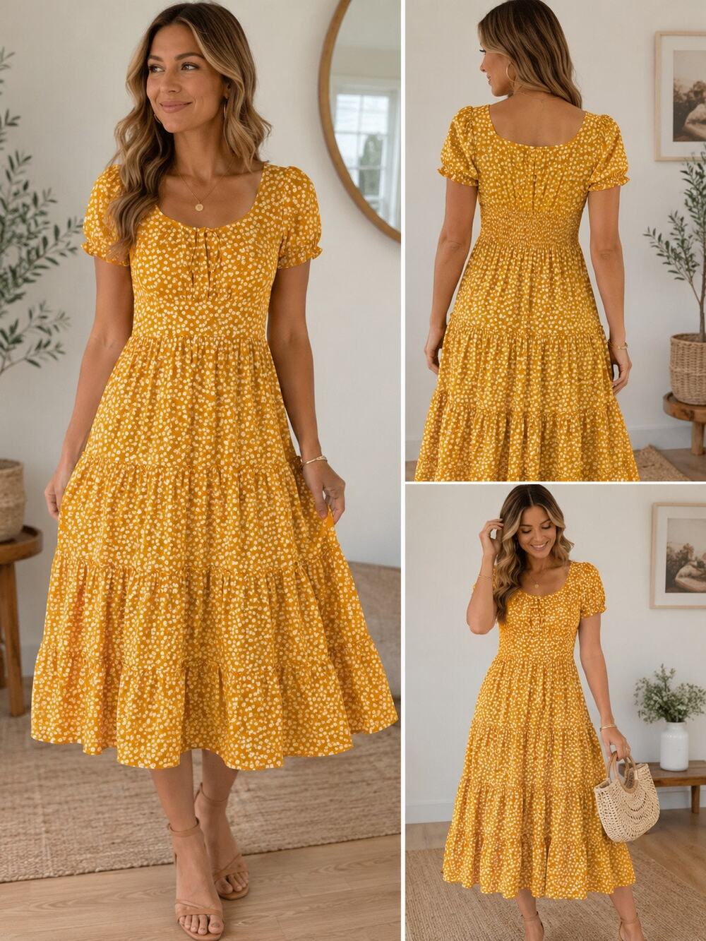 Mustard Yellow Daisy Floral Puff Sleeve Tiered Midi Dress Smocked Back M
 NEW